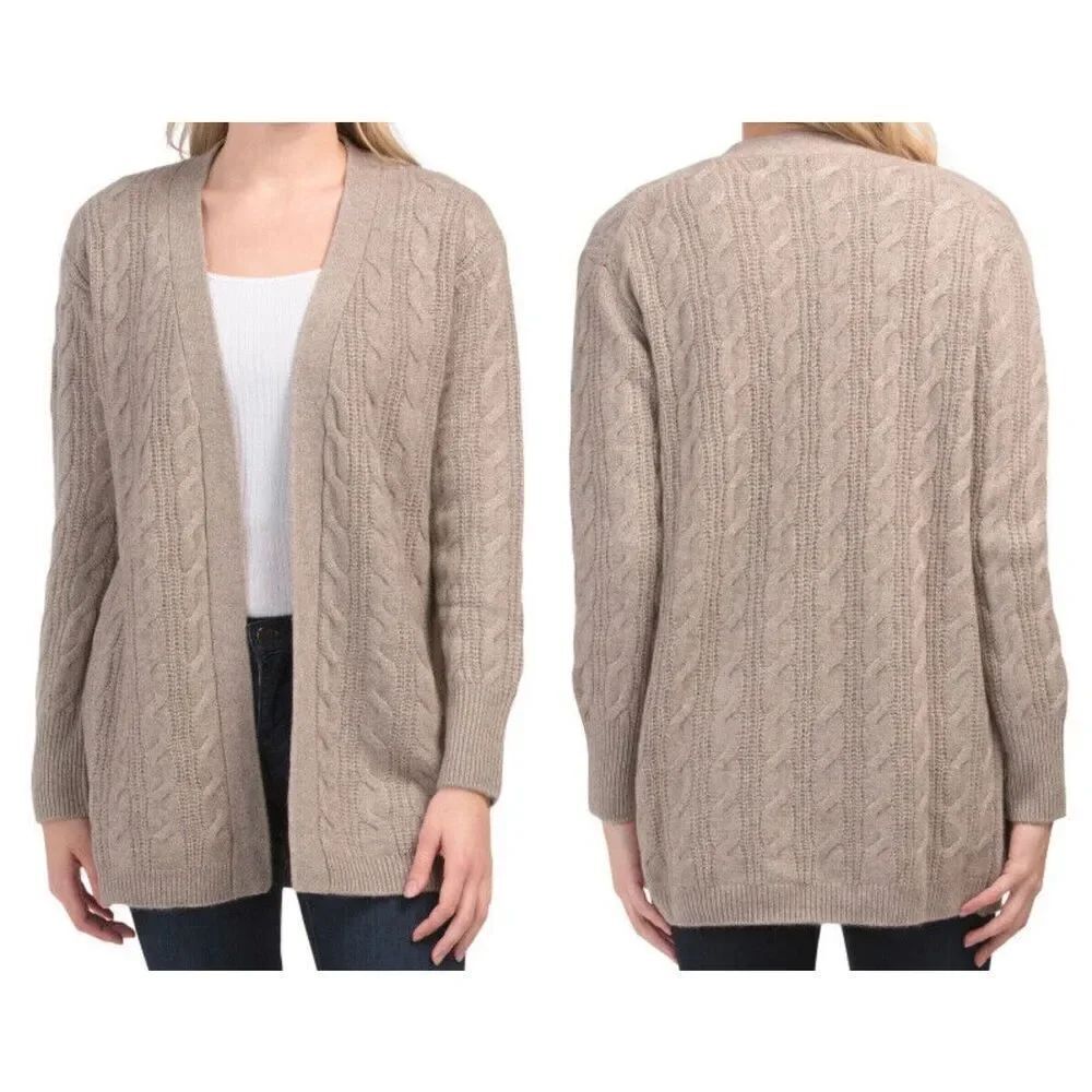 Tahari pure lux 100% 2 ply cashmere tan cableknit cardigan sweater small